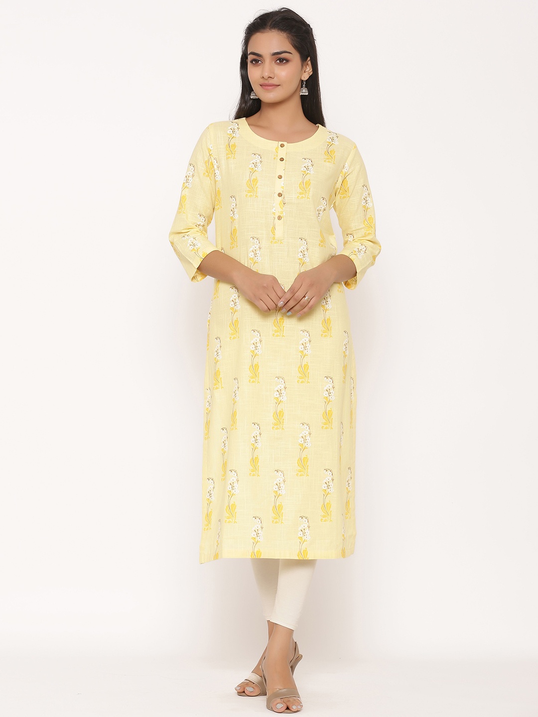 

fabGLOBAL Women Yellow & White Printed Straight Kurta