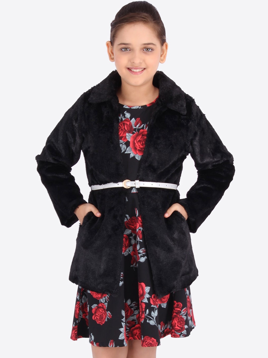 

CUTECUMBER Girls Black & Red Floral Print Fit and Flare Dress
