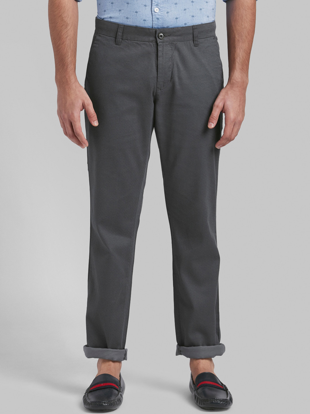 

Parx Men Tapered Fit Cotton Low-Rise Trousers, Charcoal
