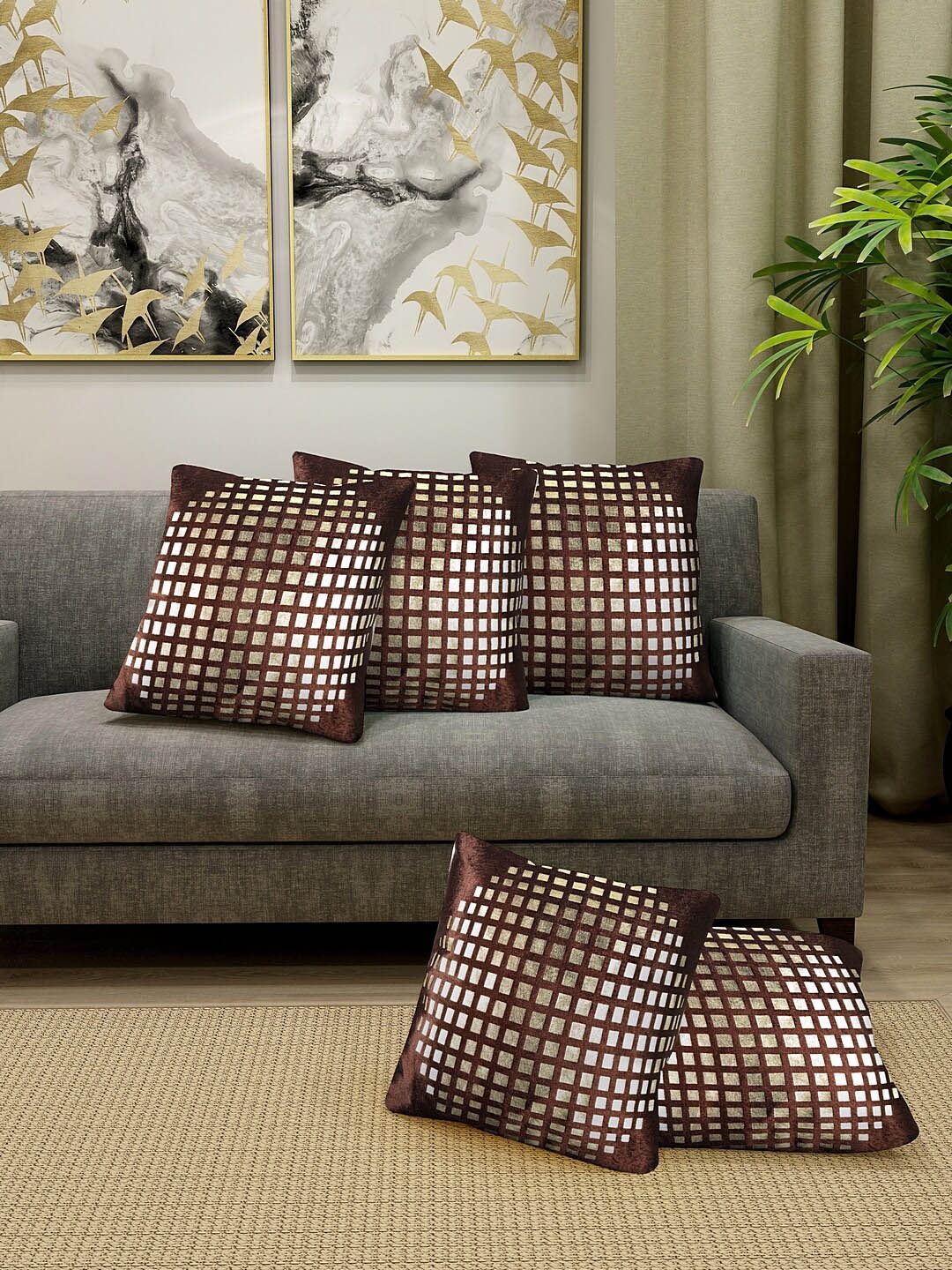 

KLOTTHE Set Of 5 Brown & Silver-Coloured Velvet Checked Cushion Covers With Fillers