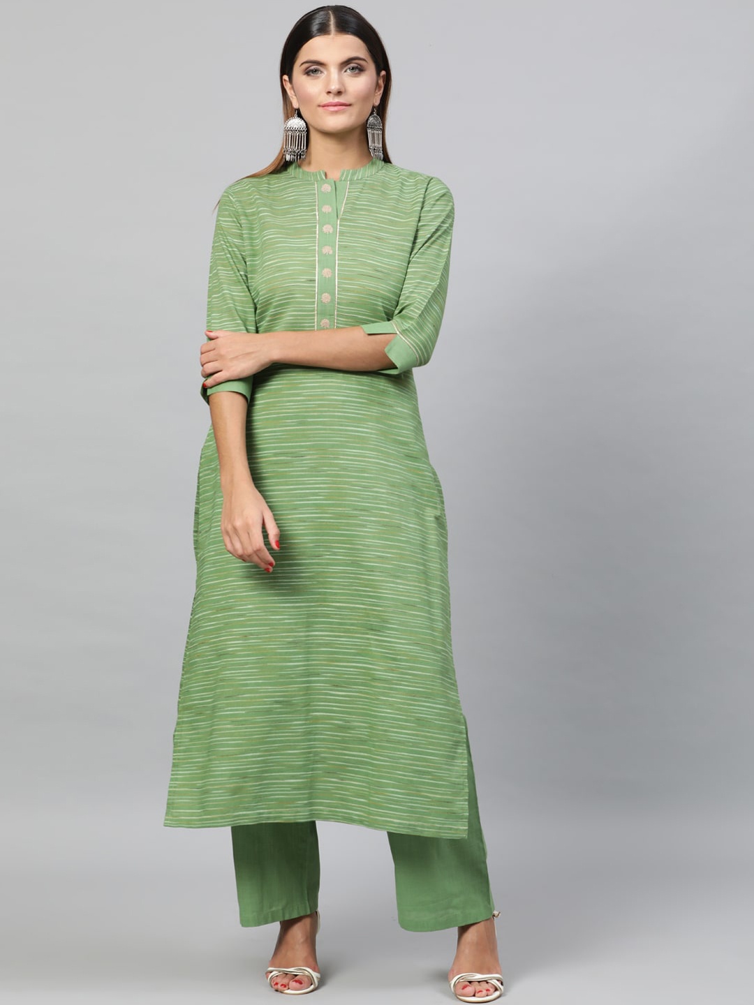 

STREET 9 Women Green Woven Design Kurta with Trousers