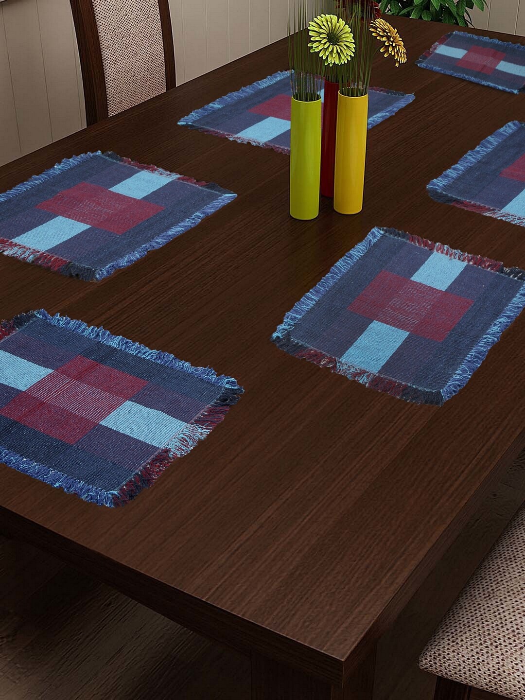 

KLOTTHE Set Of 6 Blue & Maroon Woven Design Table Mats