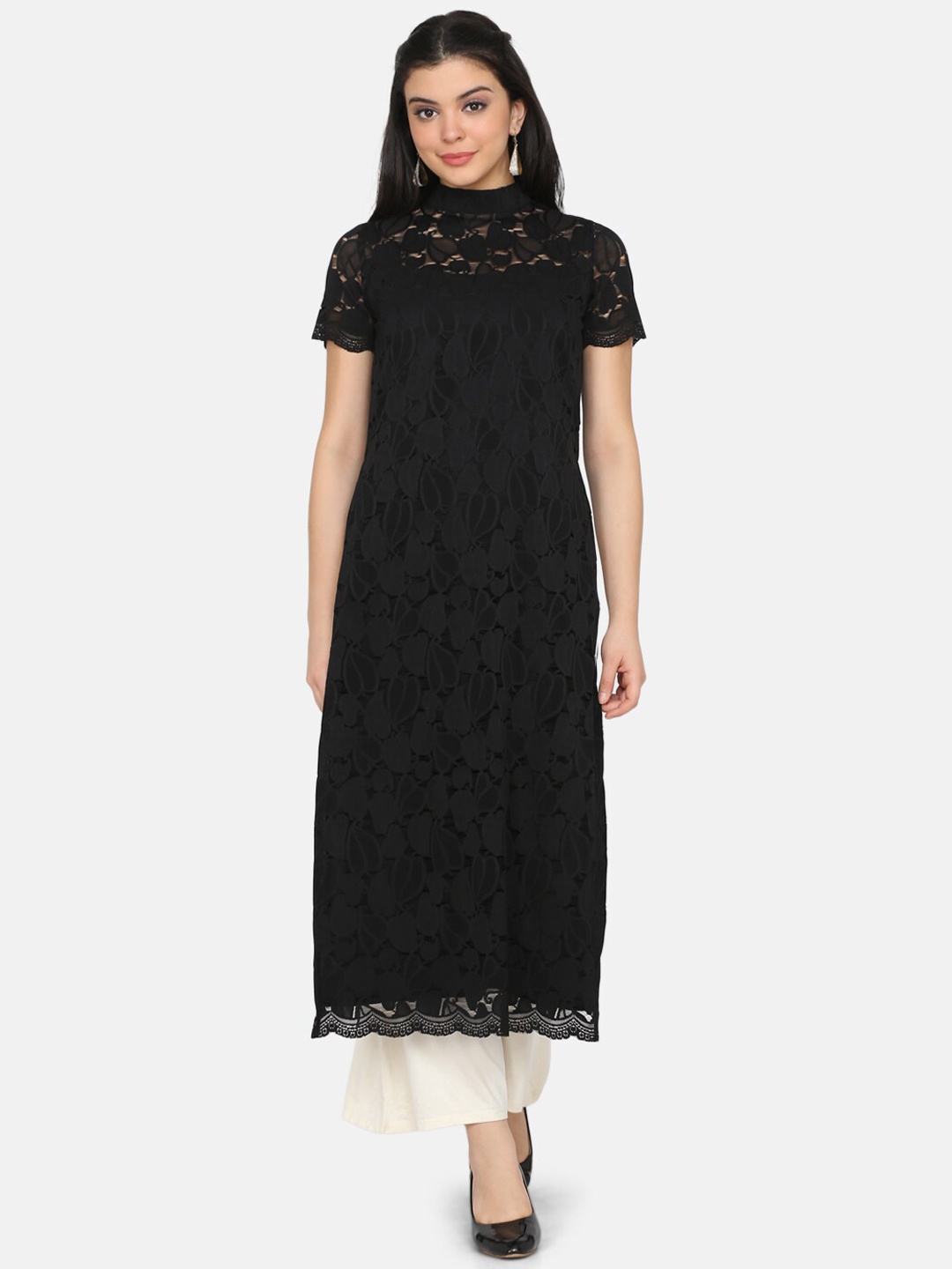 Ojjasvi Women Black Woven Design Straight Kurta