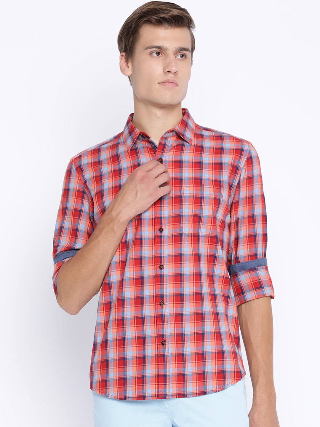 

Basics Men Red & Blue Slim Fit Checked Casual Shirt