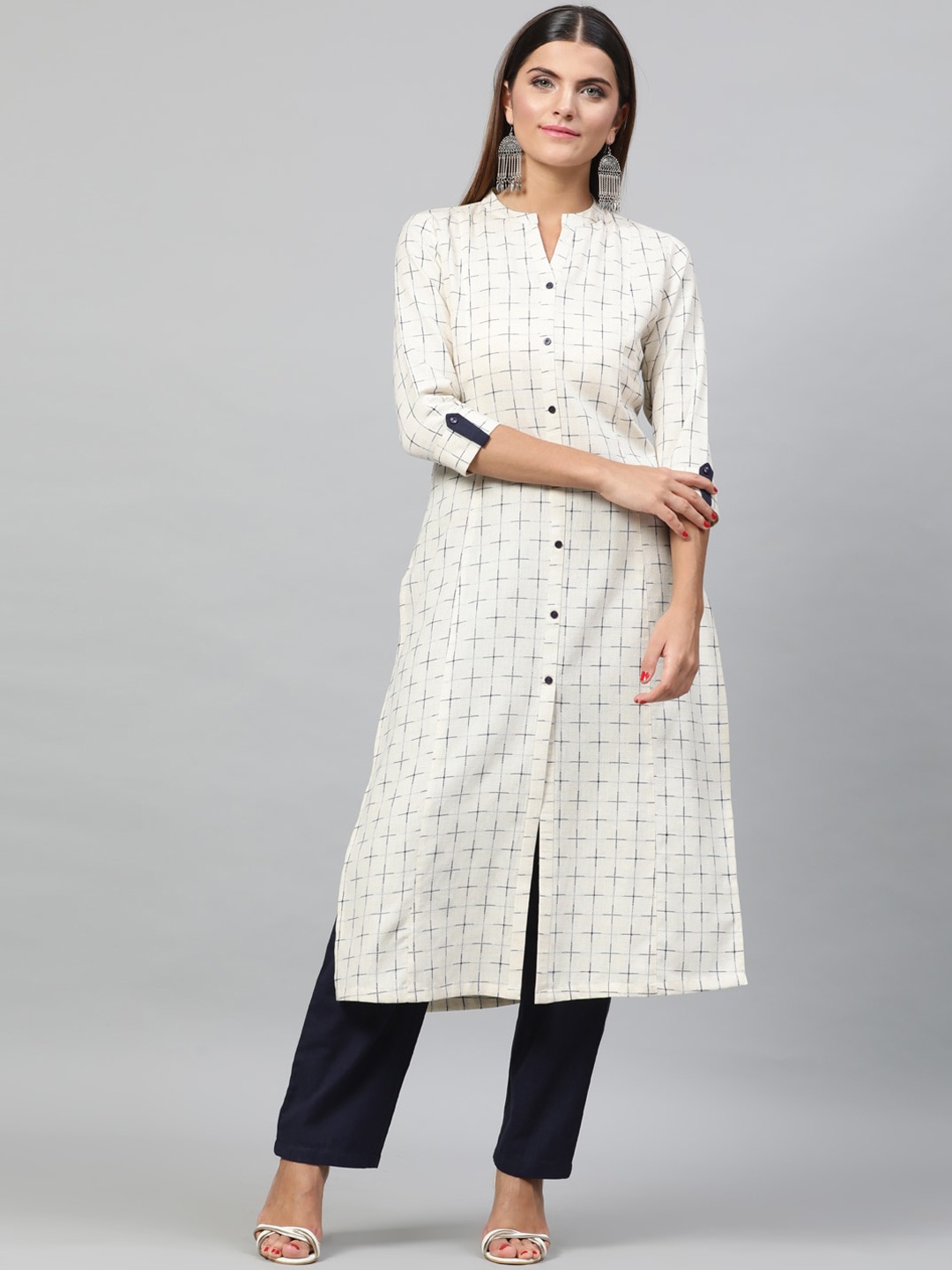 STREET 9 Women White & Navy Blue Self Design Kurta with Trousers