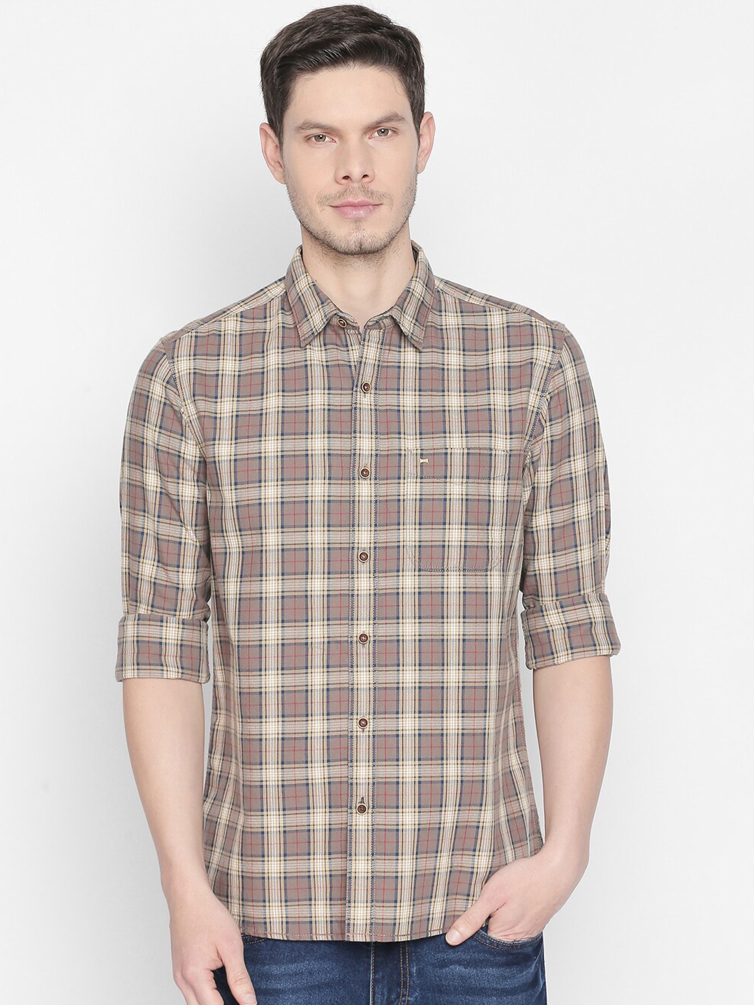 

Basics Men Khaki & Red Slim Fit Checked Casual Shirt