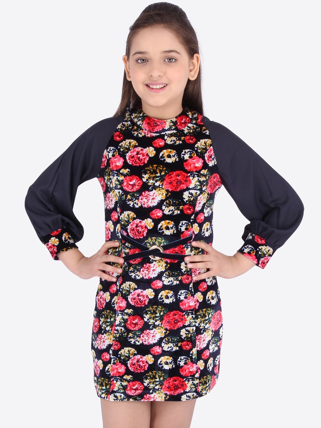 

CUTECUMBER Girls Navy Blue & Pink Floral Printed Sheath Dress