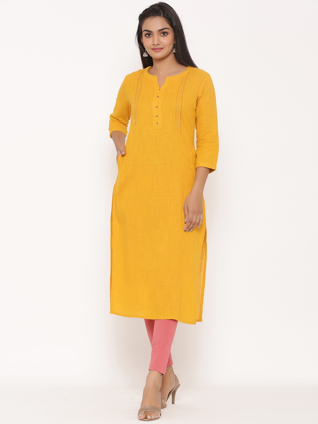 

fabGLOBAL Women Mustard Yellow Solid Straight Kurta