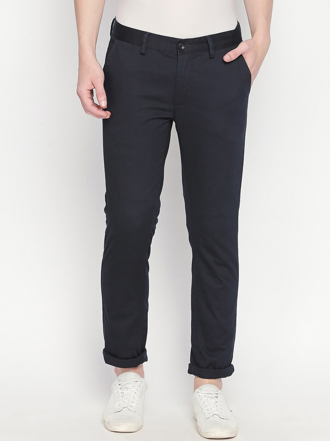 

Basics Men Navy Blue Tapered Fit Solid Regular Trousers