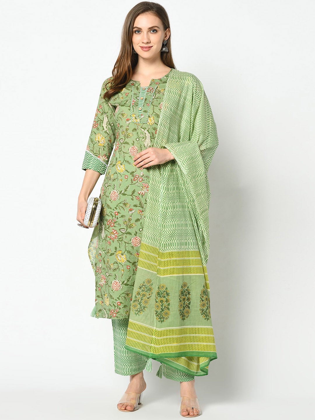 

Azira Women Green Printed Kurta with Palazzos & Dupatta