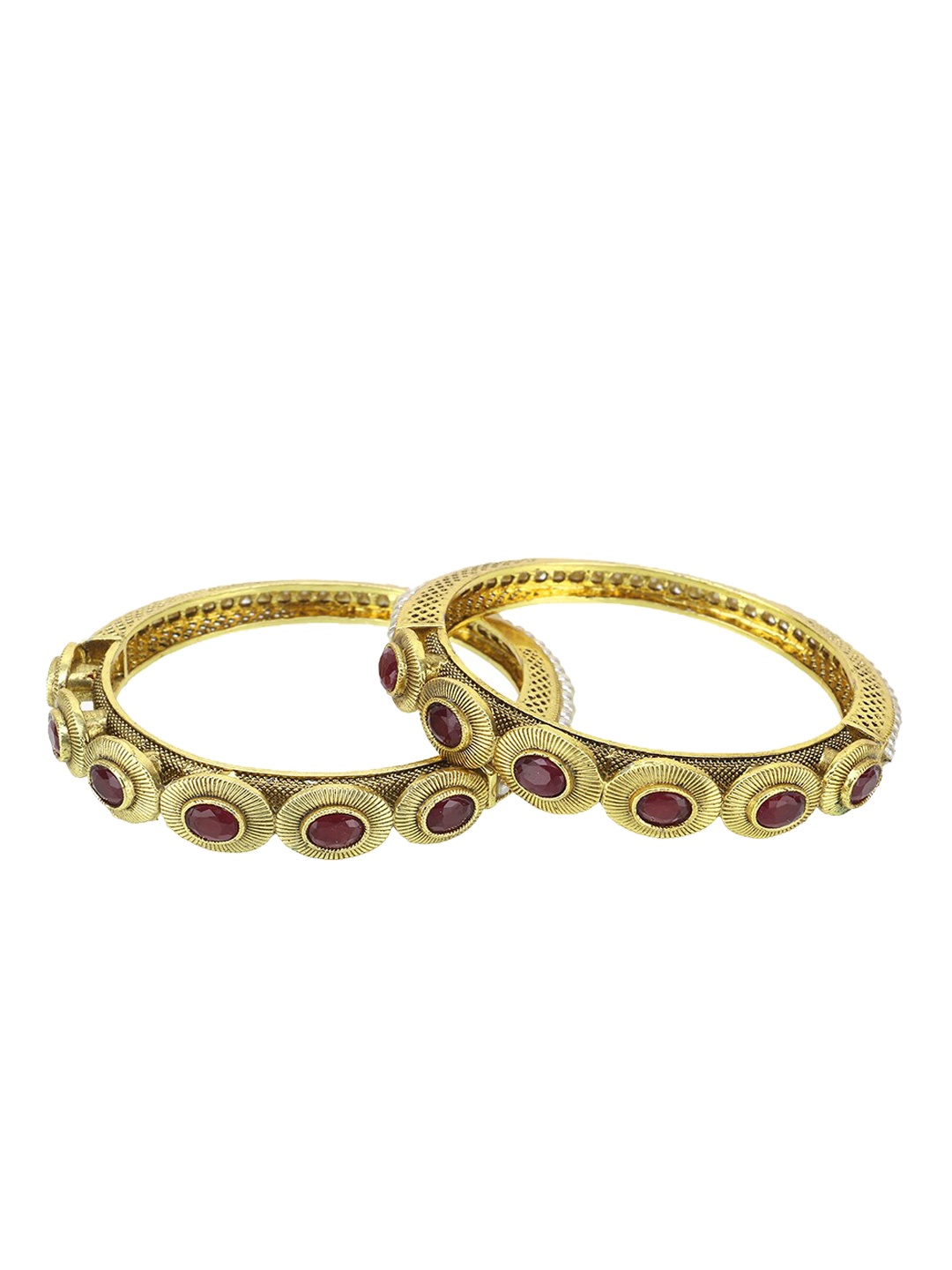 

Adwitiya Collection Set Of 2 24 Carat Gold-Plated Maroon & White Stone Studded Beaded Handcrafted Bangles