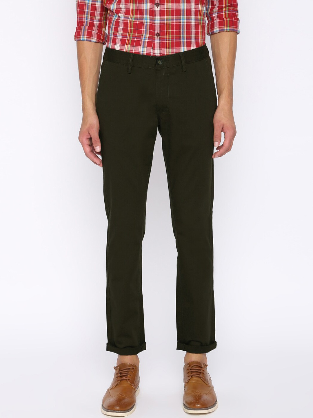 

Basics Men Olive Green Tapered Fit Solid Regular Trousers
