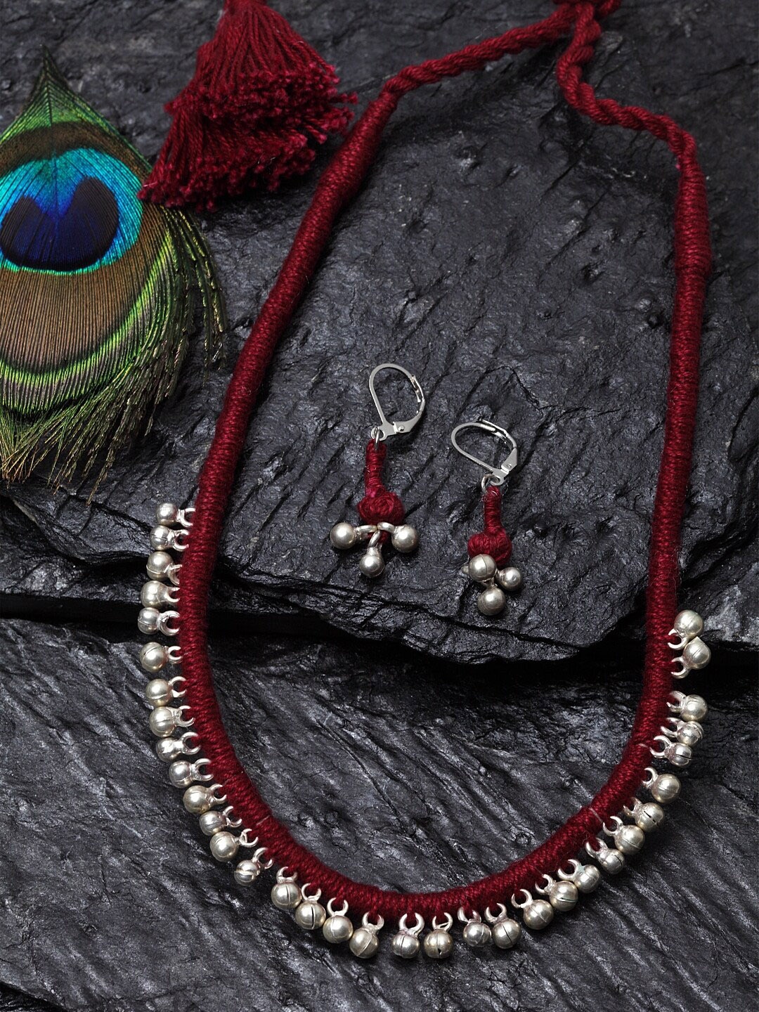 

DUGRISTYLE 92.5 Sterling Silver Red Ghungru-Beaded Handcrafted Jewellery Set