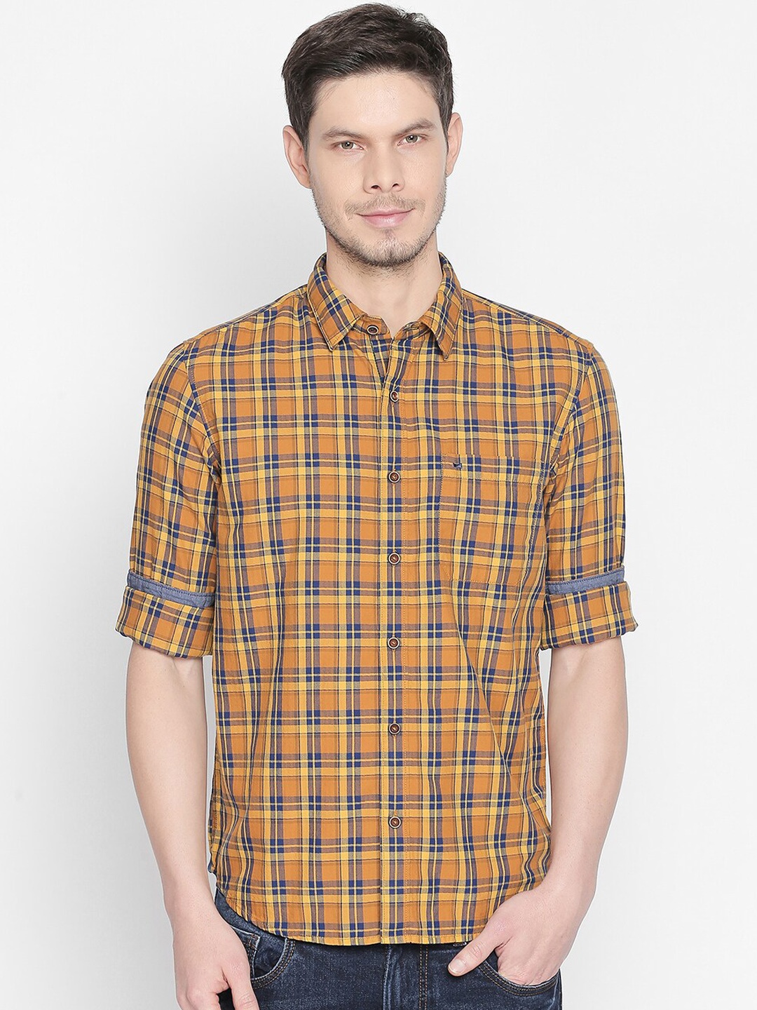 Basics Men Yellow & Blue Slim Fit Checked Casual Shirt