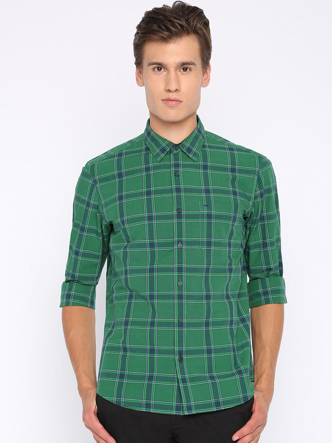 

Basics Men Green & Navy Blue Slim Fit Checked Casual Shirt