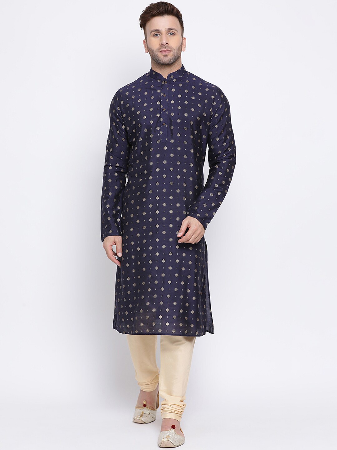 

NAMASKAR Men Navy Blue & Gold-Coloured Printed Cotton Blend Kurta with Churidar