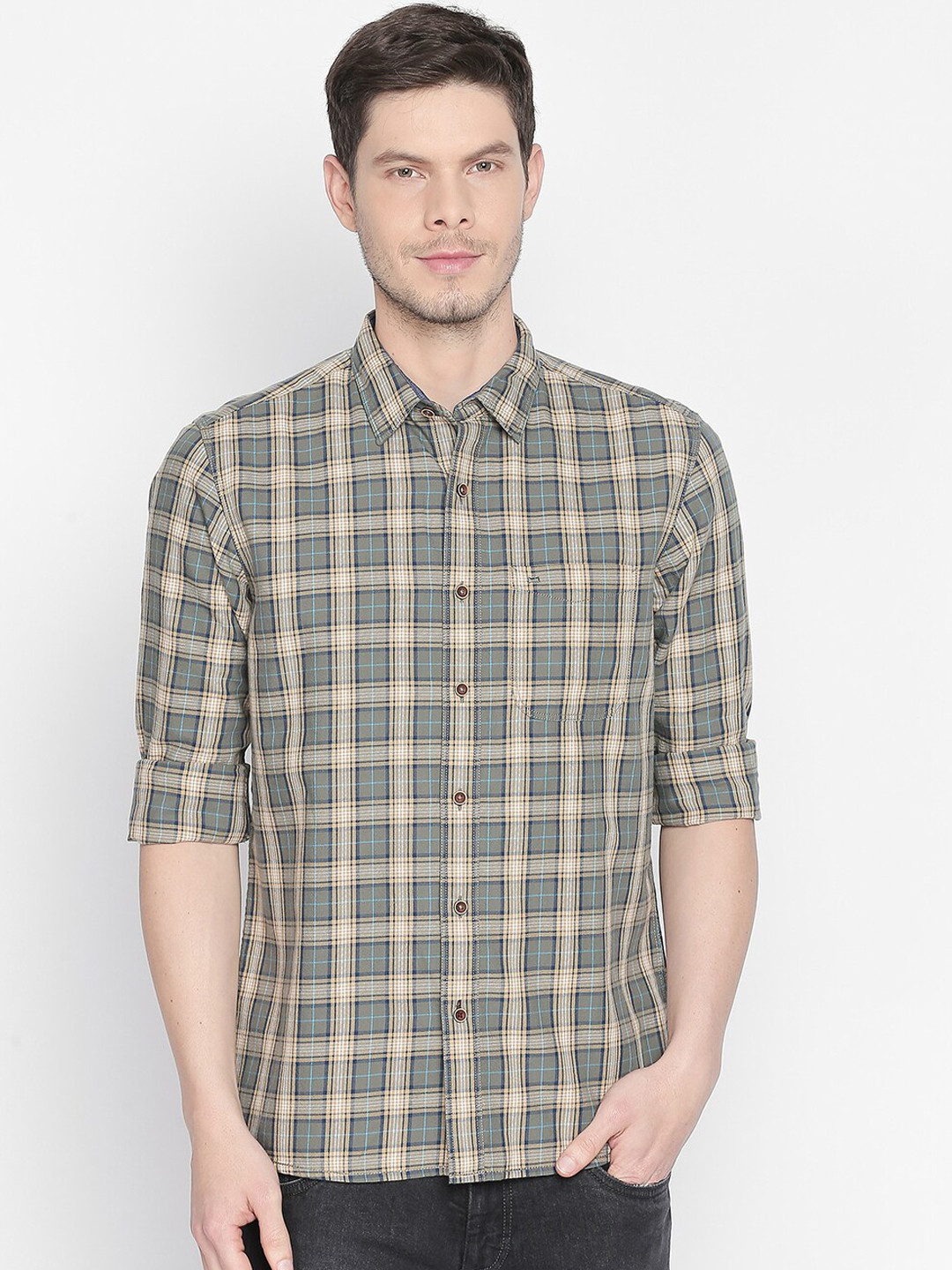 

Basics Men Green & Beige Slim Fit Checked Casual Shirt