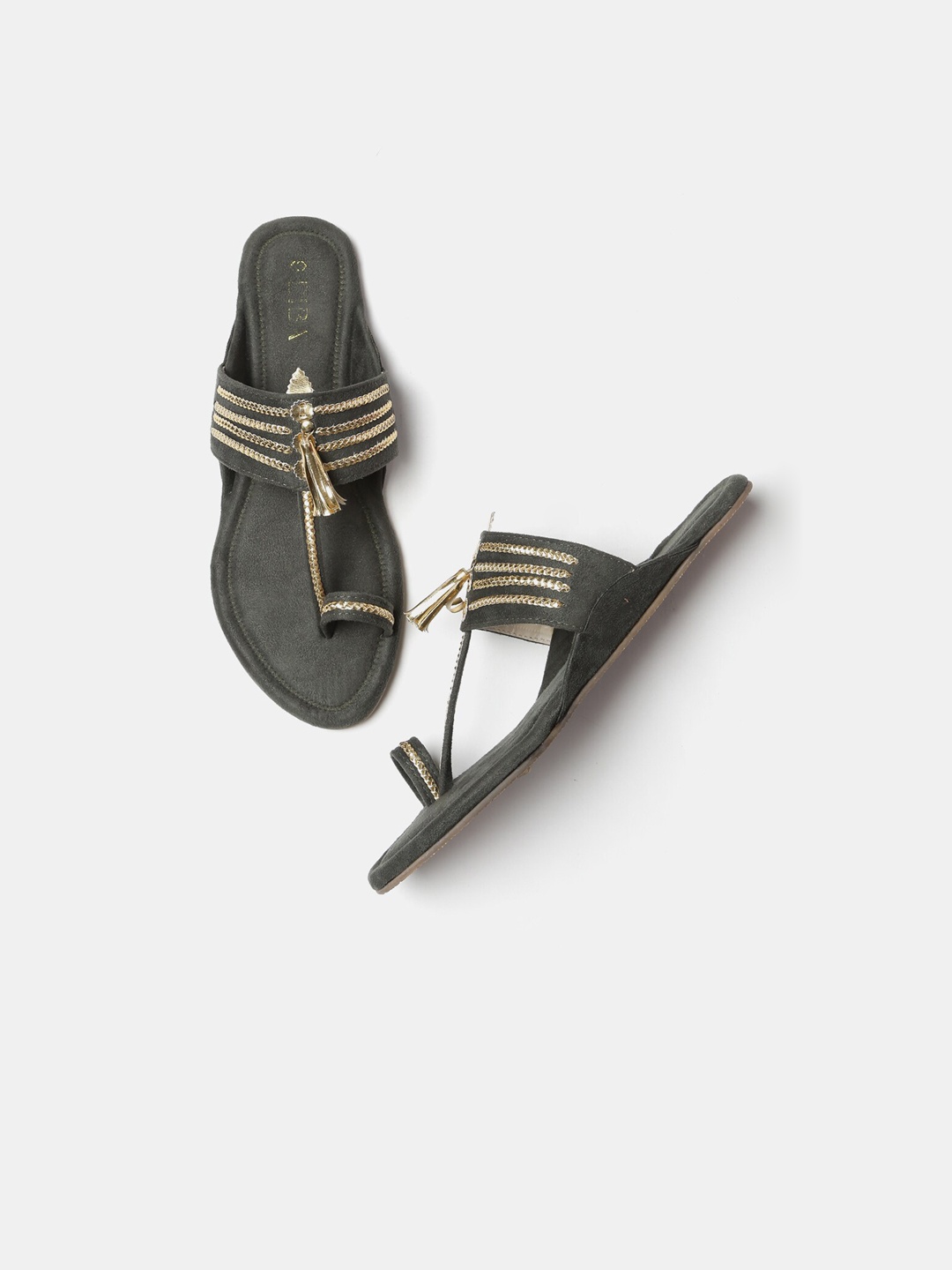 

Biba Women Olive Green Woven Design T-Strap Flats