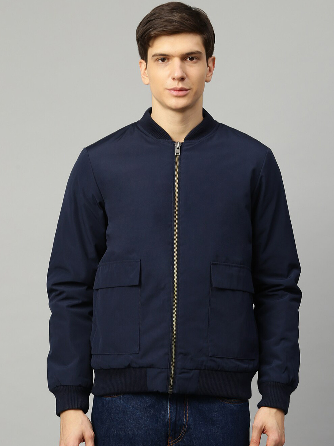 

LINDBERGH Men Navy Blue Solid Bomber