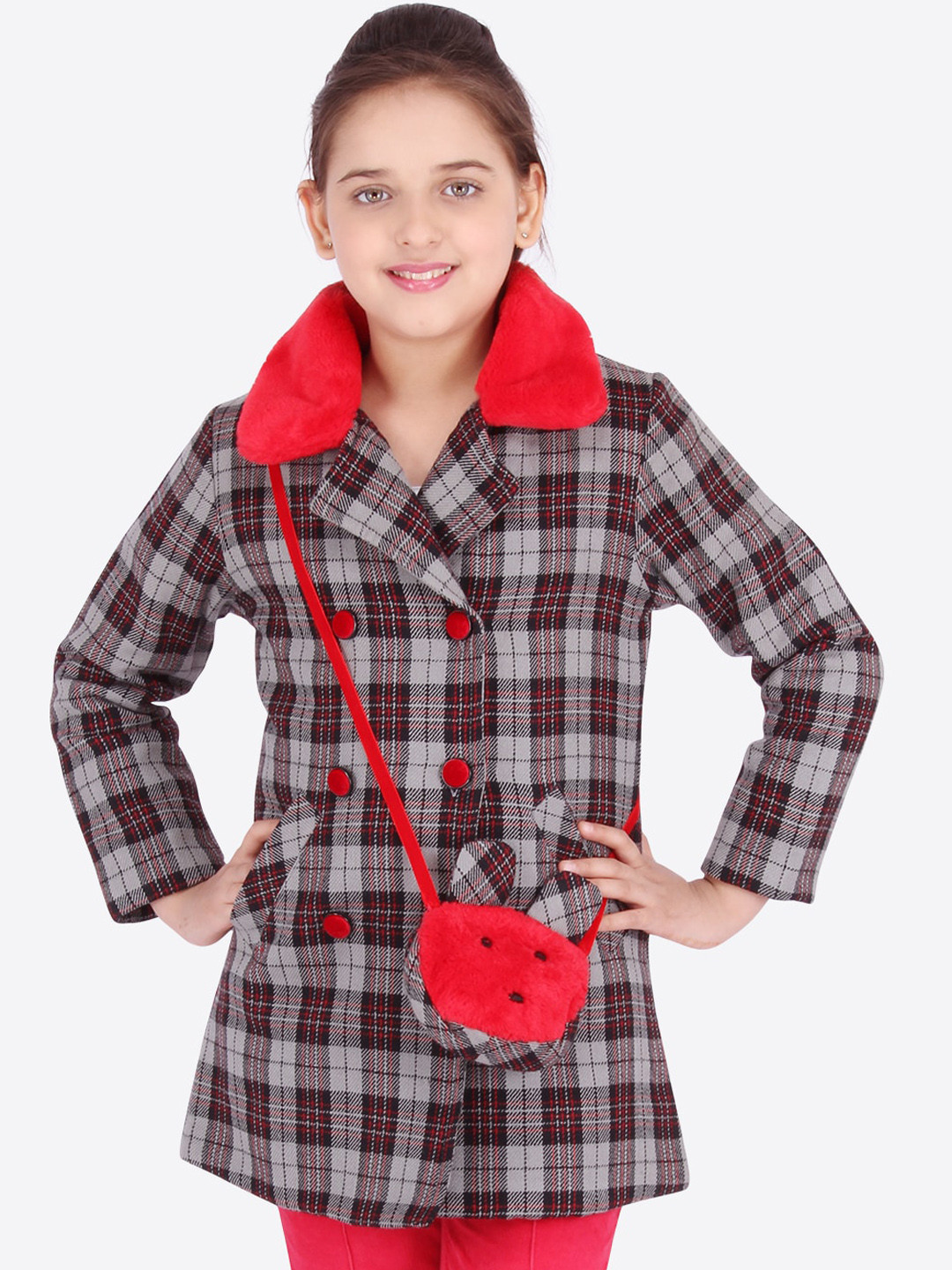 

CUTECUMBER Girls Red Checked Tailored Jacket With Sling Bag