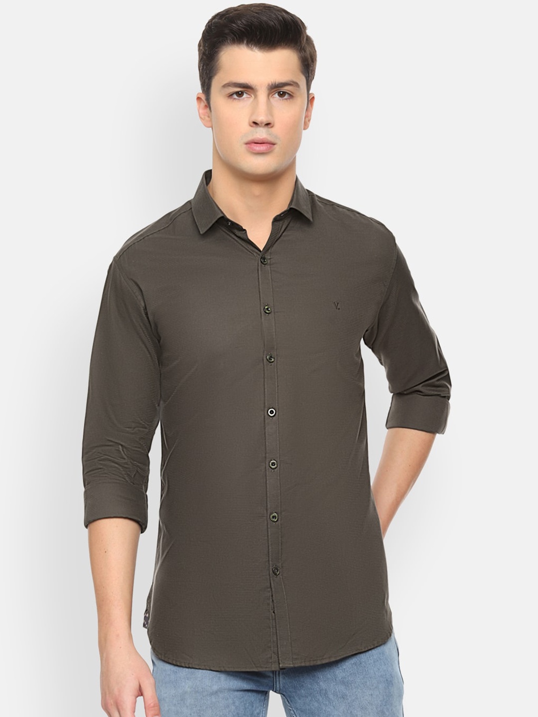 

V Dot Men Olive Green Slim Fit Solid Casual Shirt
