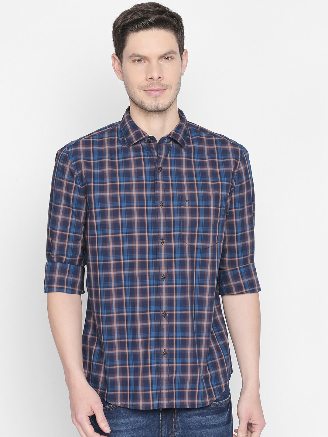 

Basics Men Blue & Beige Slim Fit Checked Casual Shirt
