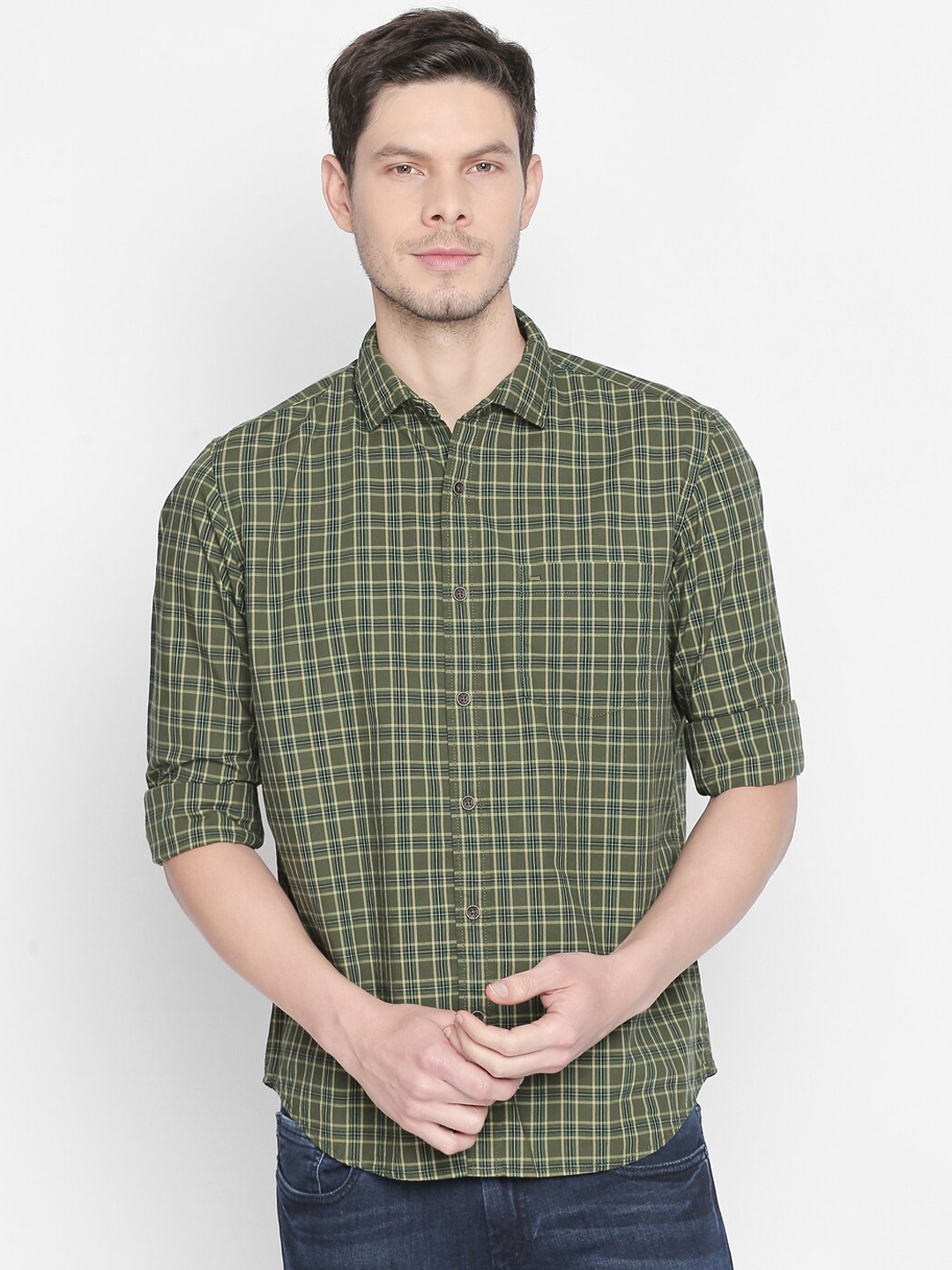 

Basics Men Green Slim Fit Checked Casual Shirt