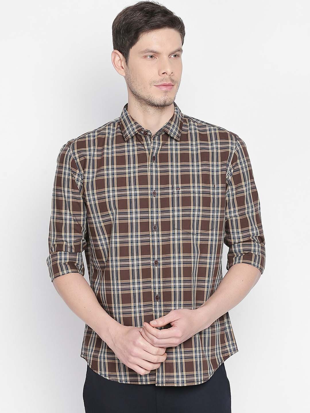 

Basics Men Brown & Off-White Slim Fit Checked Casual Shirt