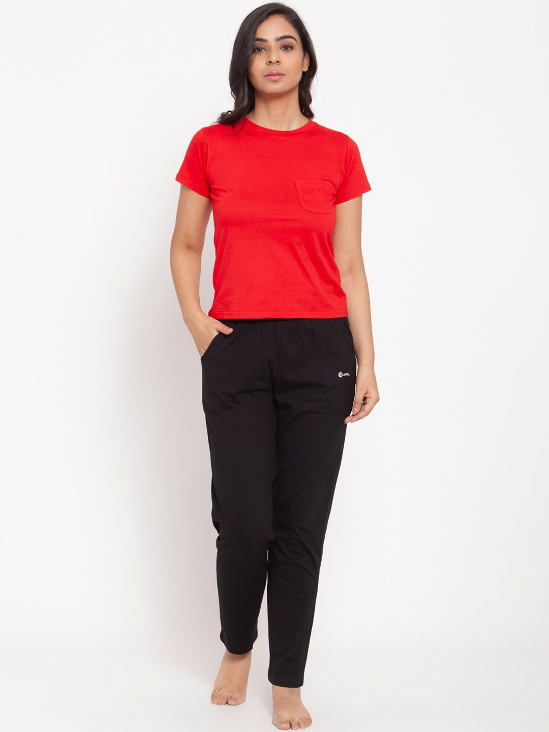 

Claura Women Red & Black Solid Night Suit