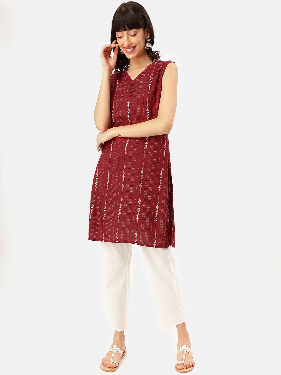 

Saaki Women Maroon & White Printed A-line Kurti