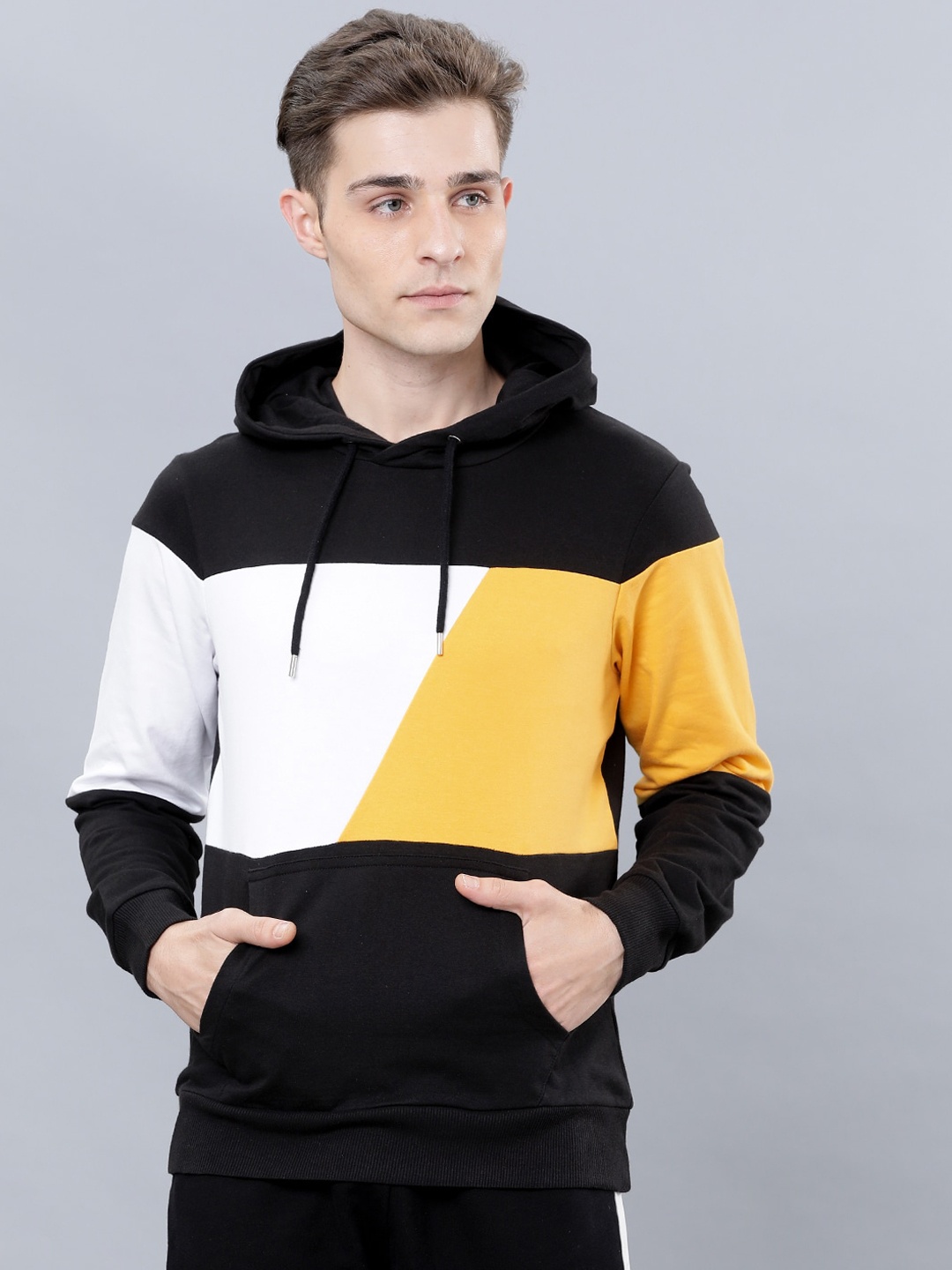 

HIGHLANDER Men Black & Yellow Colourblocked Hooded Sweatshirt