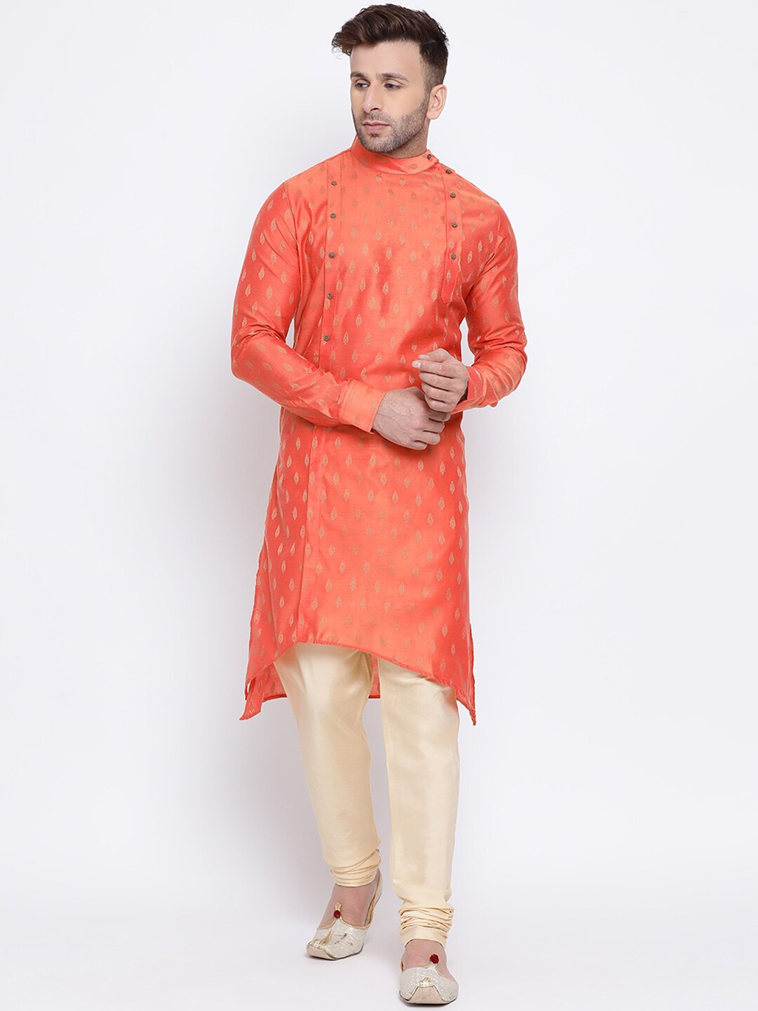 

NAMASKAR Men Orange & Gold-Toned Self Design Kurta with Pyjamas