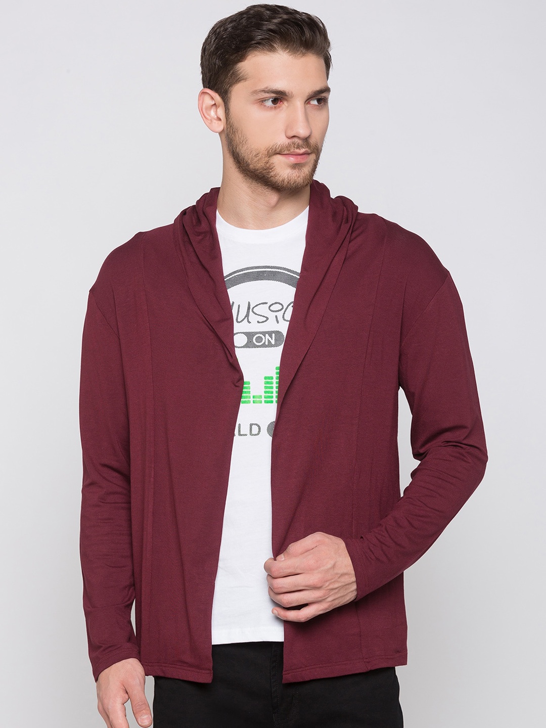 

Globus Men Maroon Solid Hooded Open Front Shrug