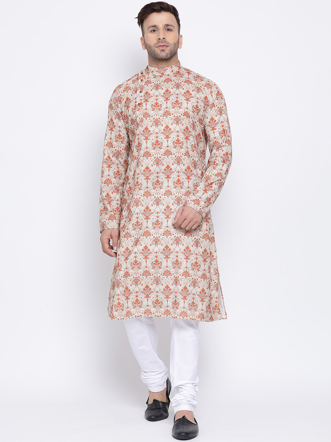 

NAMASKAR Men Beige & White Cotton Linen Printed Kurta with Churidar