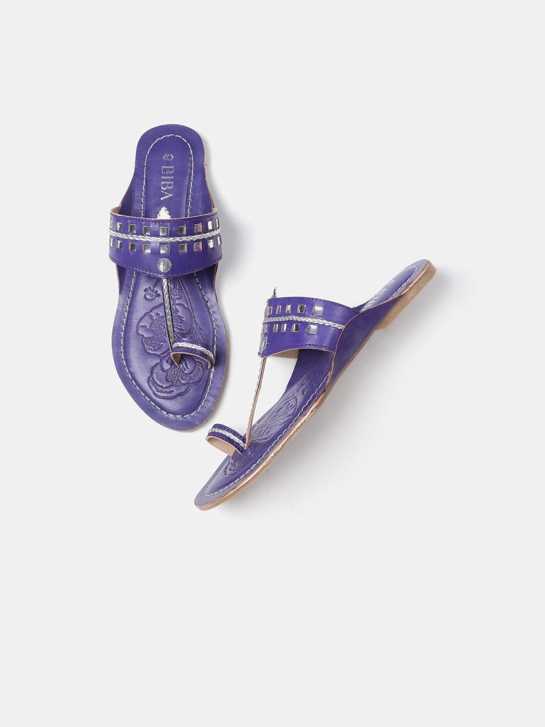 

Biba Women Purple Woven Design Leather T-Strap Flats