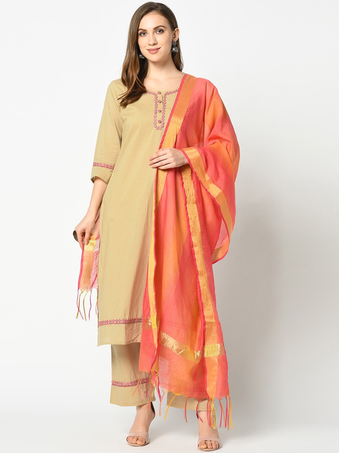 

Azira Women Beige & Peach-Coloured Solid Kurta with Palazzos & Dupatta