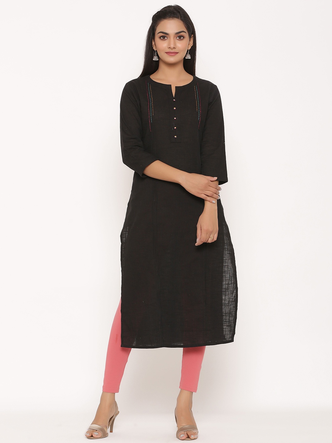 

fabGLOBAL Women Black Solid Straight Kurta