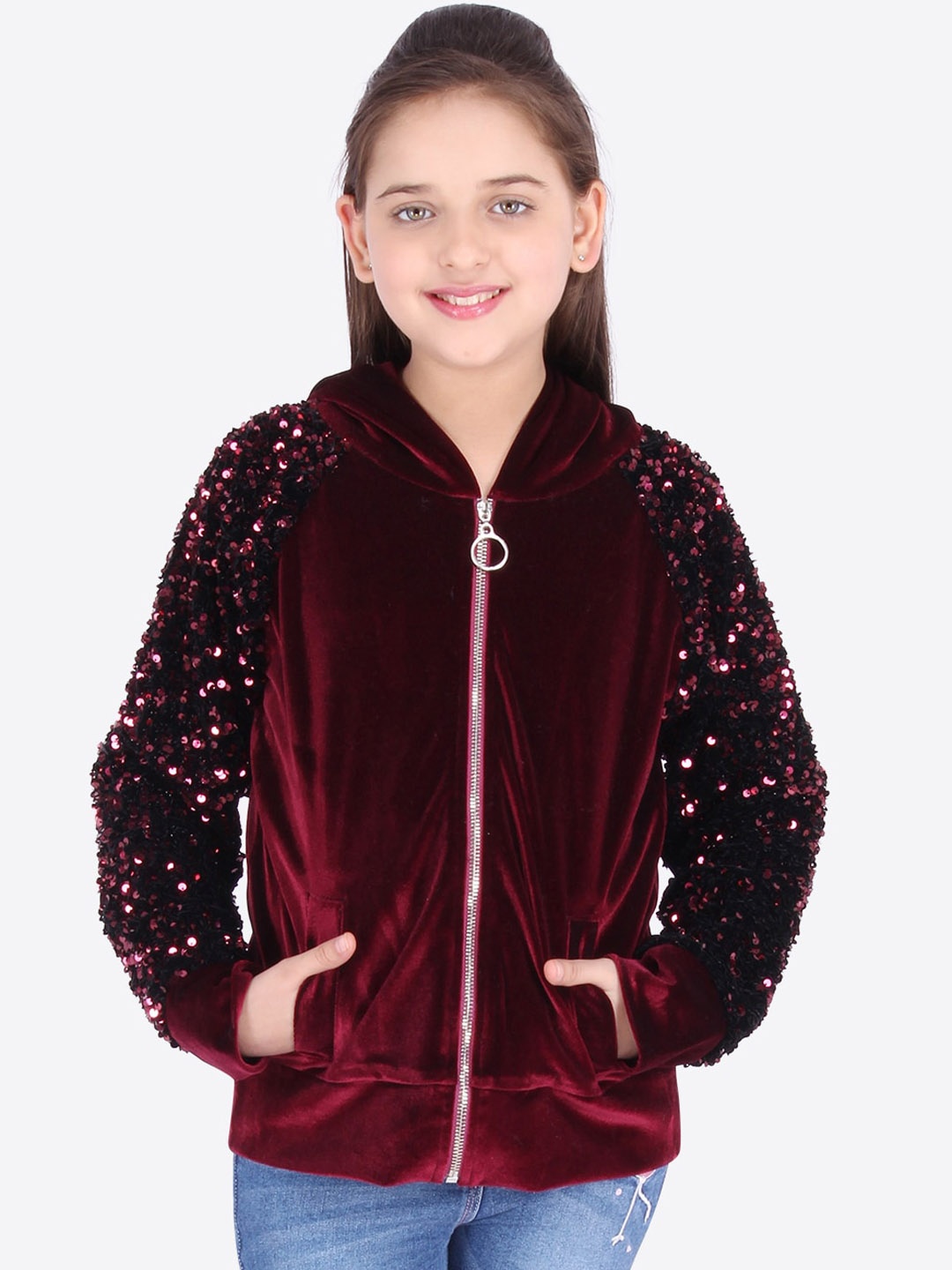 

CUTECUMBER Girls Maroon Solid Hooded Sweatshirt