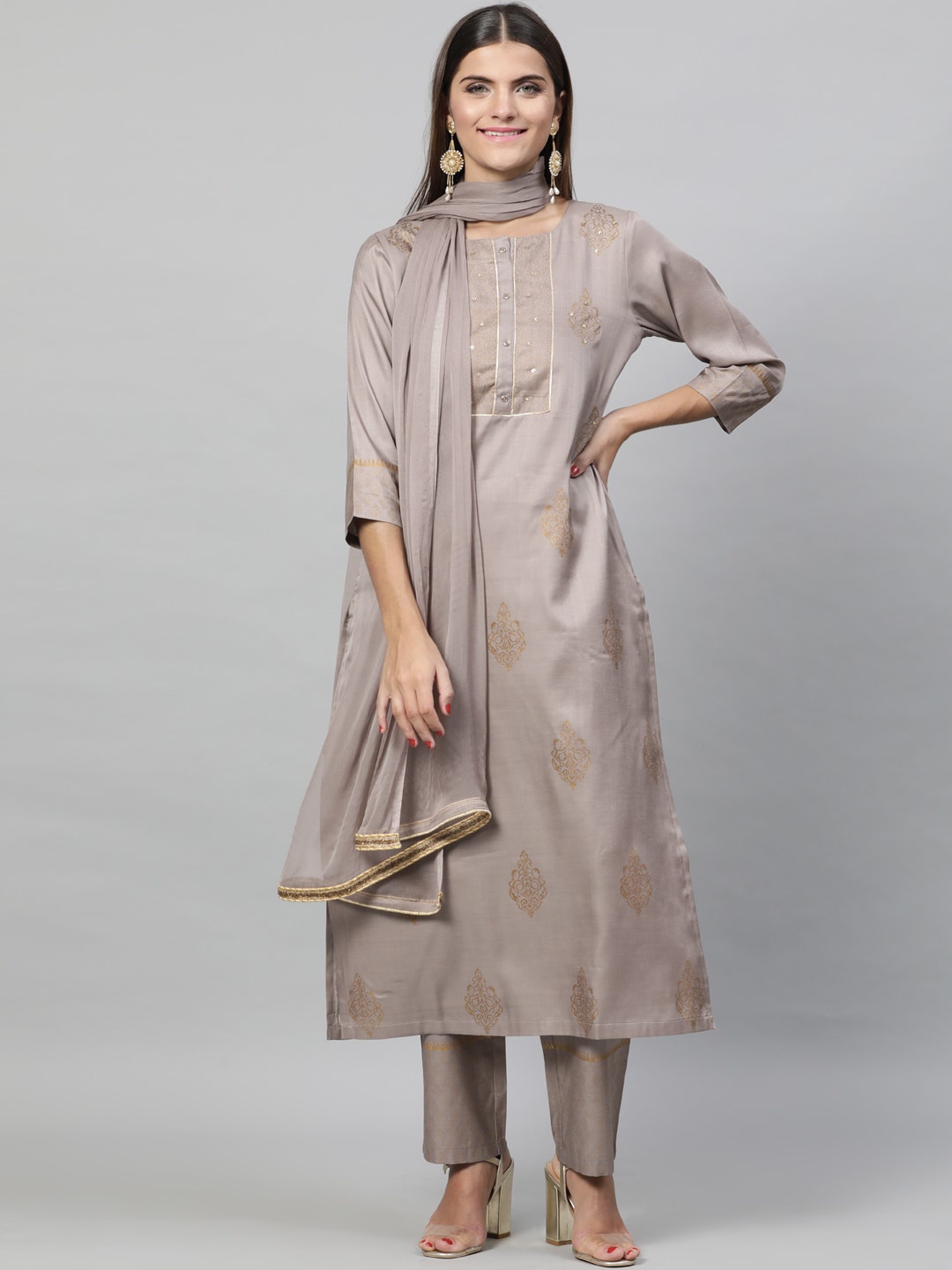 

STREET 9 Women Taupe Woven Design Kurta with Trousers & Dupatta