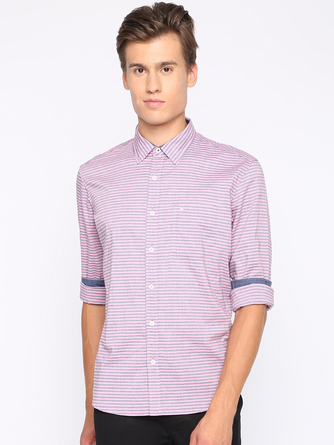 

Basics Men Pink & Grey Slim Fit Striped Casual Shirt