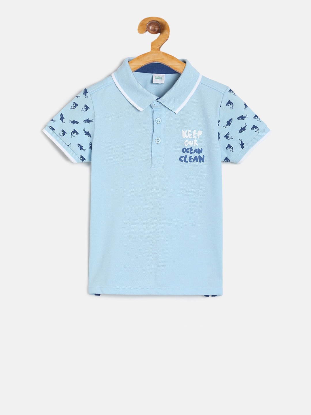 

MINI KLUB Boys Blue Printed Polo Collar Pure Cotton T-shirt