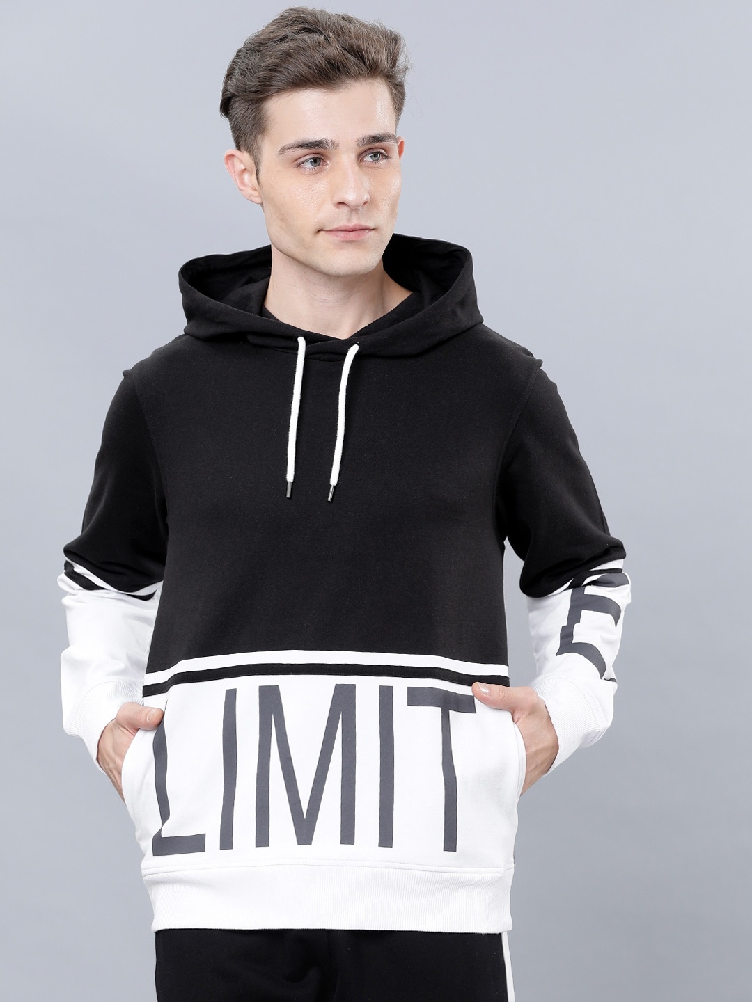 

LOCOMOTIVE Men Black & White Printed Hooded Sweatshirt