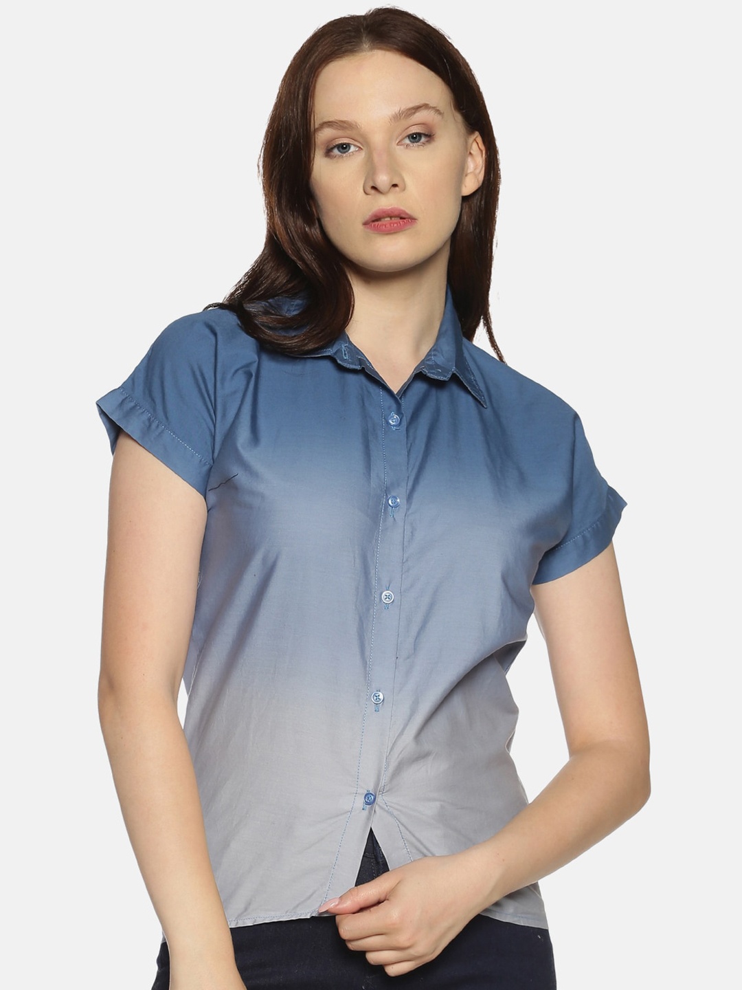 

Campus Sutra Women Blue & Grey Regular Fit Colourblocked Casual Shirt