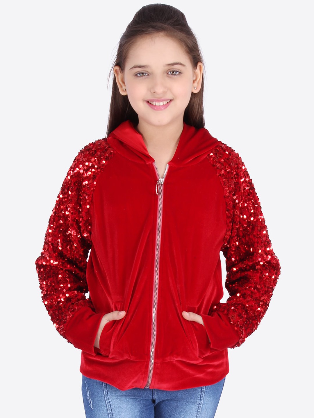 

CUTECUMBER Girls Red Sequin Embellished Hooded Sweatshirt
