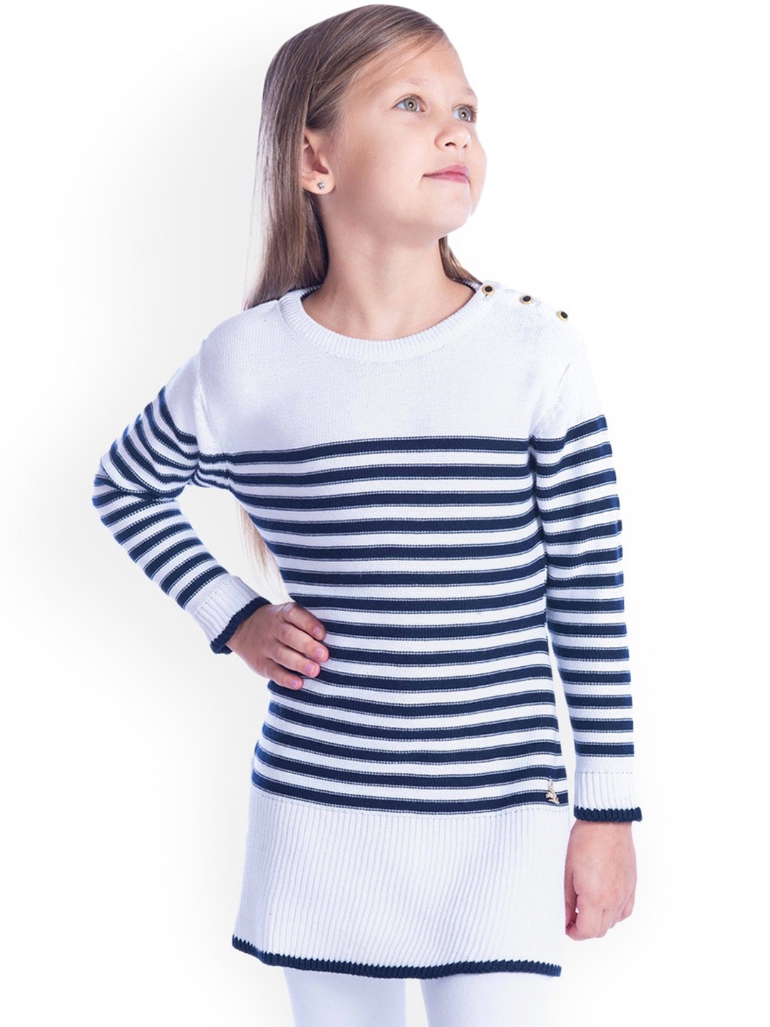 

Cherry Crumble Girls White & Navy Blue Striped Sweater Dress