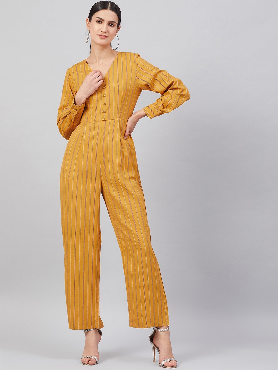 

Marie Claire Women Mustard Yellow & Red Striped Basic Jumpsuit