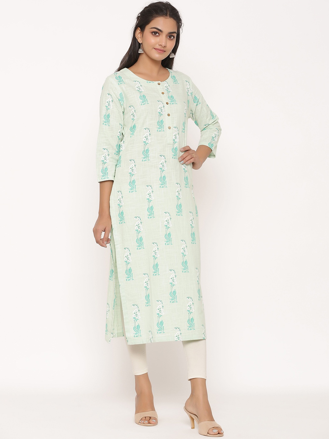 

fabGLOBAL Women Green Printed Straight Kurta