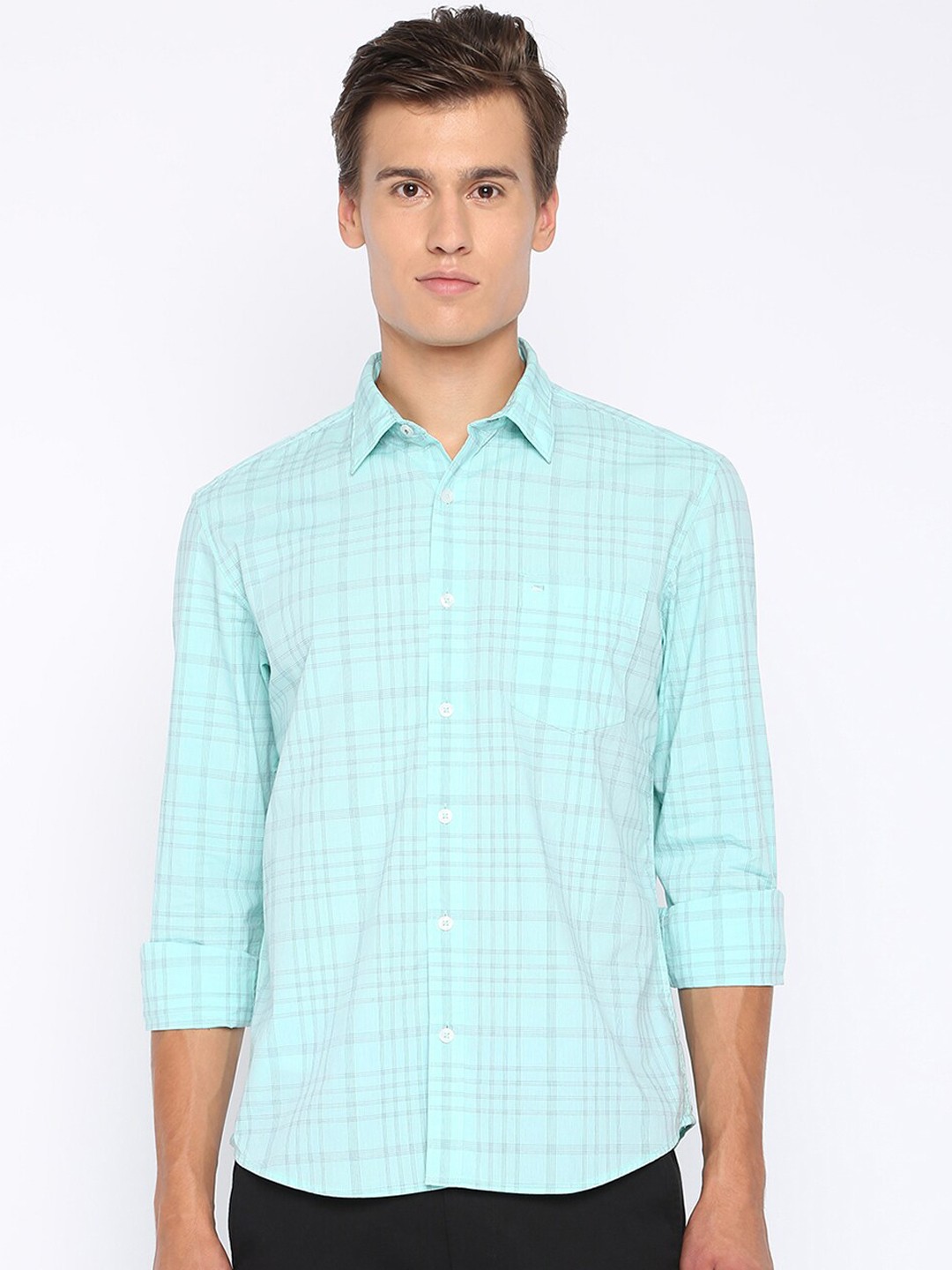 

Basics Men Turquoise Blue Slim Fit Checked Casual Shirt