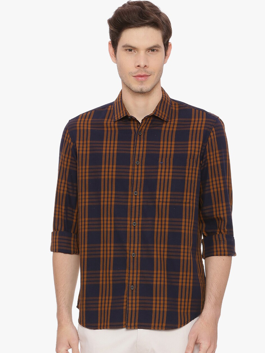 

Basics Men Khaki Slim Fit Checked Casual Shirt