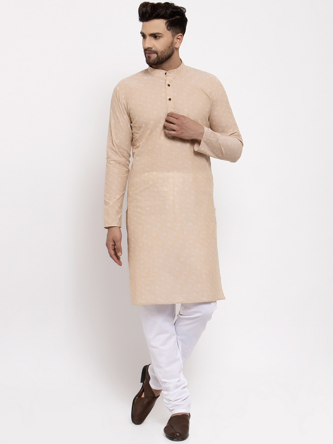 

Jompers Men Beige & White Striped Kurta with Pyjamas